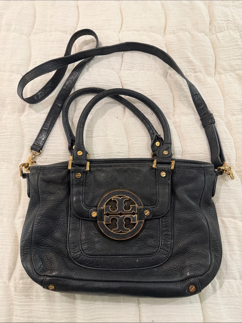 Tory Burch Vintage Navy Blue Leather Shoulder Bag with Logo Medallion